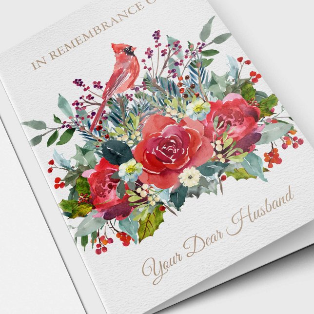 Tarjeta Festiva Navidades Recuerdan Querida Simpatía Del Marido (Christmas watercolor floral with Cardinal bird in loving memory of your husband remembrance card)