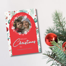 Tarjeta Festiva Navidades Red Arch Botánica Green Pine Needles