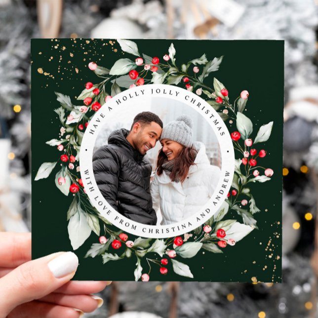 Tarjeta Festiva Navidades Red Berry Wreath Floral Photo Square (Subido por el creador)
