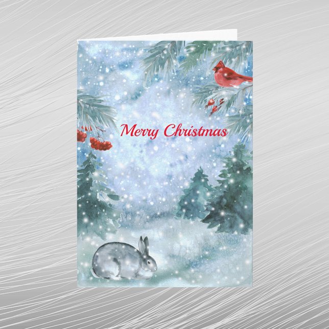 Tarjeta Festiva Navidades Red Cardinal Rabbit Landscape Watercolor (Subido por el creador)