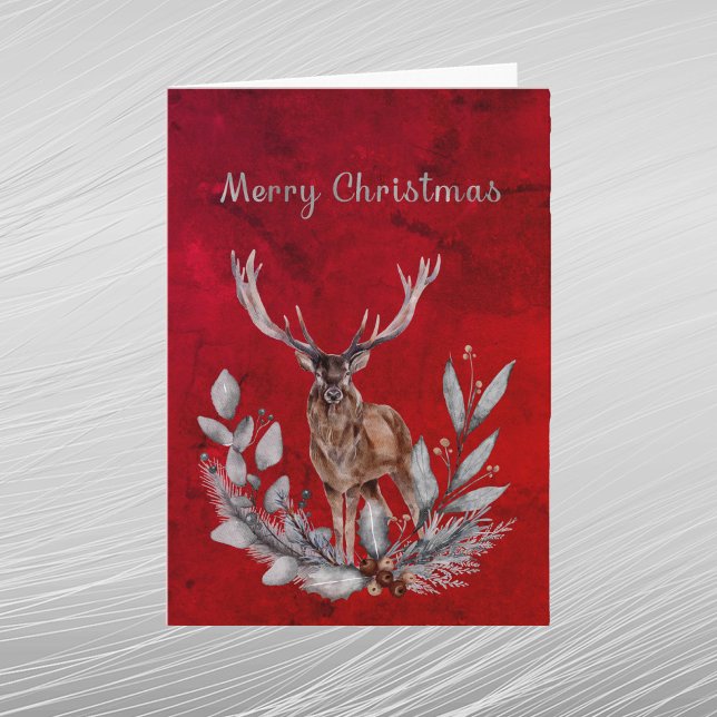 Tarjeta Festiva Navidades Red Deer Buck Floral Watercolor (Subido por el creador)