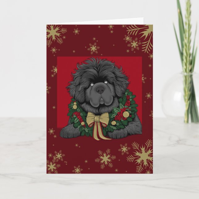 Tarjeta Festiva Navidades Red Gold Nieva perrito en Terranova (Anverso)