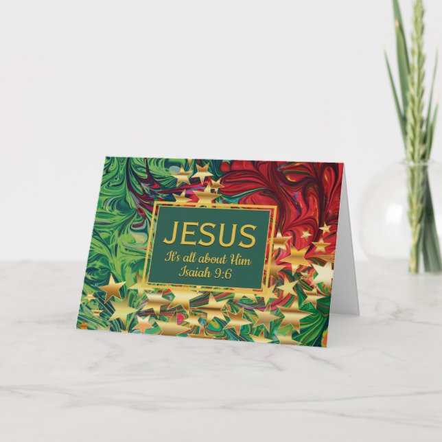 Tarjeta Festiva NAVIDADES Red Green Gold Stars Christian (Anverso)