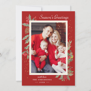 Tarjeta Festiva Navidades Red Holly Berry Floral Gold Frame Photo