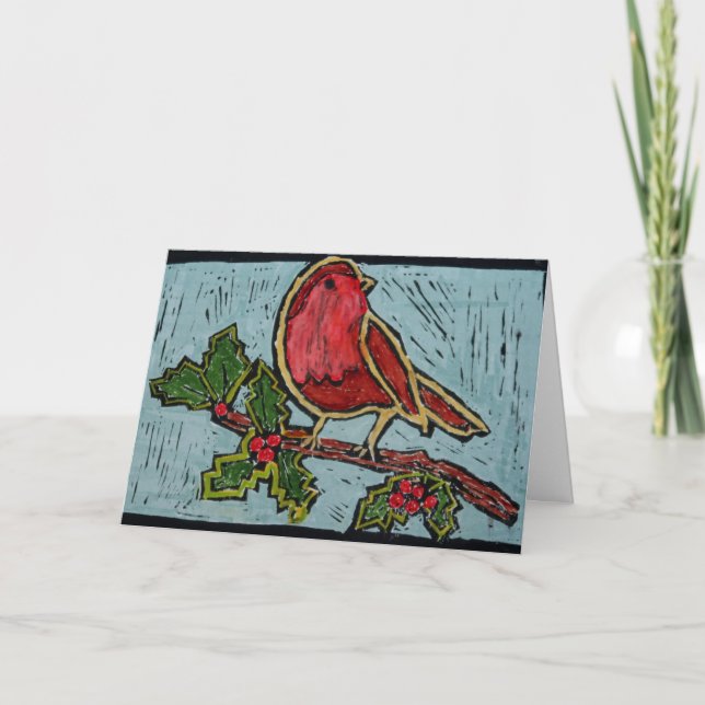 Tarjeta Festiva Navidades Red Robin con Green Holly Berries (Anverso)