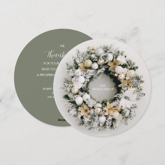 Tarjeta Festiva Navidades redondos Wreath Business Gracias (Anverso / Reverso)