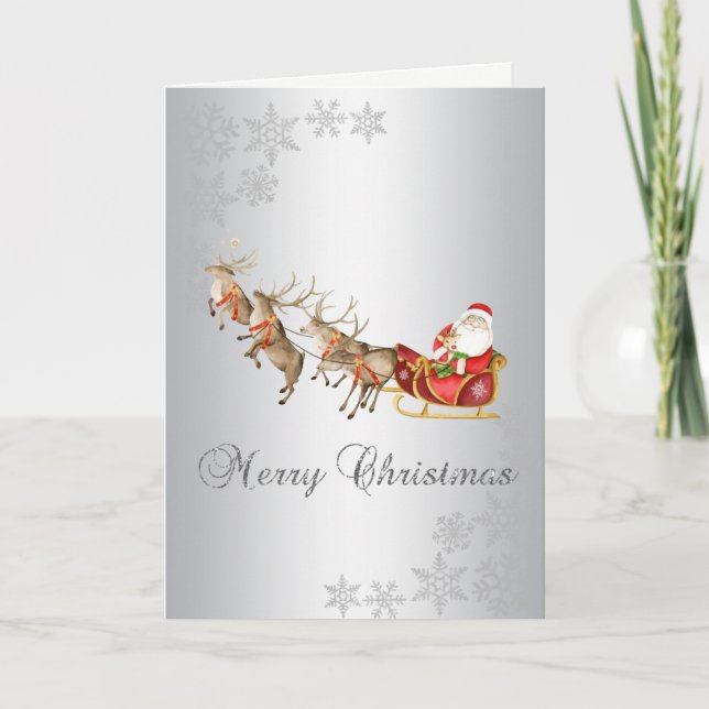 Tarjeta Festiva Navidades Reindeer Santa Claus Sleigh Silver (Anverso)
