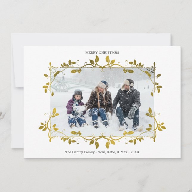 Tarjeta Festiva Navidades Relieve metalizado dorado Holly Border S (Anverso)