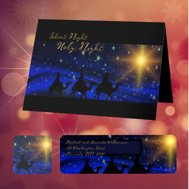 Tarjeta Festiva Navidades religiosos con una bendición azul elegan (Personalized Religious Christmas Card Blue Blessing Elegant. Printed or Digital Downloadable Cards)
