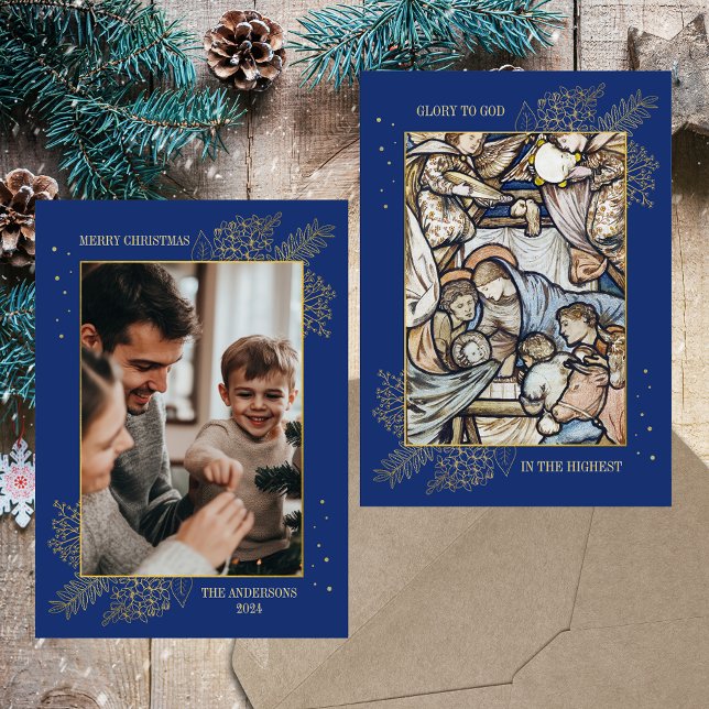 Tarjeta Festiva Navidades Religiosos Cristianos Católicos Fotograf (Christmas Nativity Religious Christian Catholic Elegant Modern Blue Custom Photo Holiday Card)