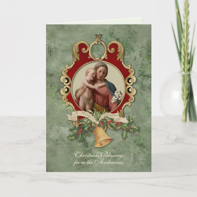Tarjeta Festiva Navidades religiosos Jesús Virgen María Vintage (Anverso)