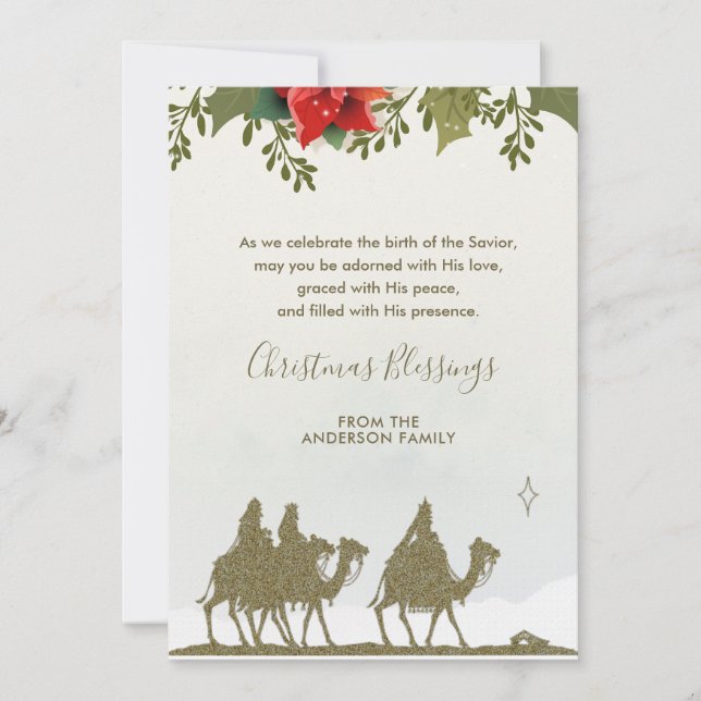 Tarjeta Festiva Navidades religiosos Tres Reyes Poinsettia (Anverso)