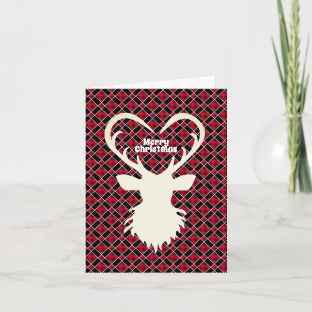 Tarjeta Festiva Navidades renos a cuadros negros y rojos (Anverso)