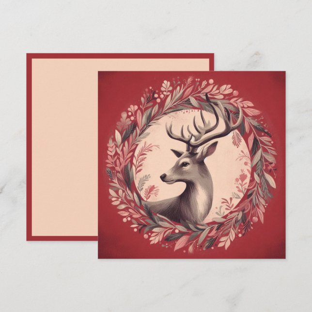 Tarjeta Festiva Navidades renos con guirnalda de vacaciones (Anverso / Reverso)