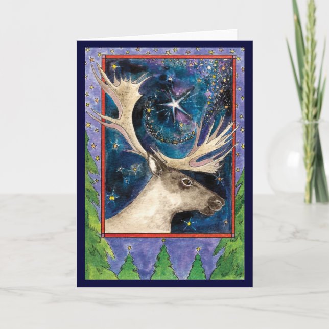 Tarjeta Festiva Navidades renos de noche con una estrella brillant (Anverso)