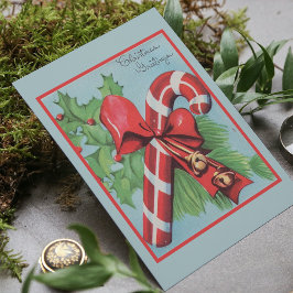 Tarjeta Festiva Navidades retro Cane Bow Holly Berries Saludos