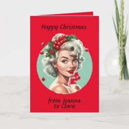 Tarjeta Festiva Navidades retro chica de pin-up de los años 1950 -