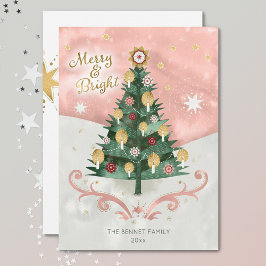 Tarjeta Festiva Navidades retro de arbol ilustrado merry y brillan