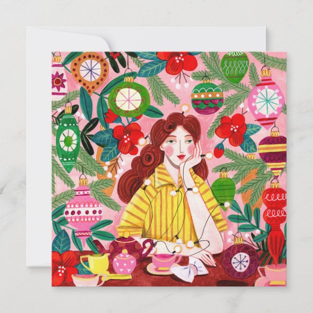 Tarjeta Festiva Navidades retro de mediados del siglo (Anverso)