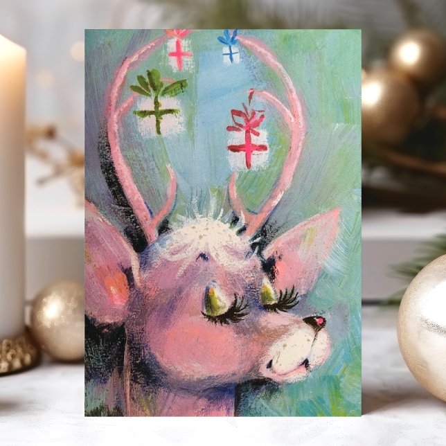 Tarjeta Festiva Navidades retro de venado largo de pestañas (Subido por el creador)