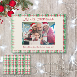 Tarjeta Festiva Navidades retro foto de la familia roja y verde
