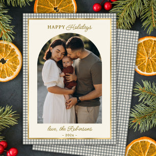 Tarjeta Festiva Navidades retro Green Gold Plaid Arch