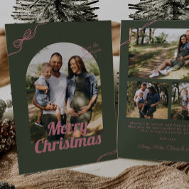 Tarjeta Festiva Navidades Retro Green & Pink Bow Arch