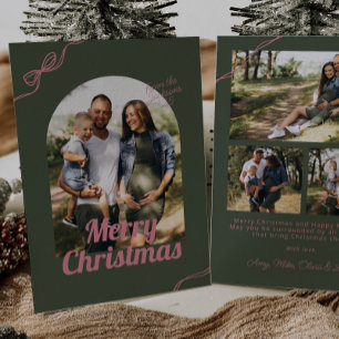 Tarjeta Festiva Navidades Retro Green & Pink Bow Arch