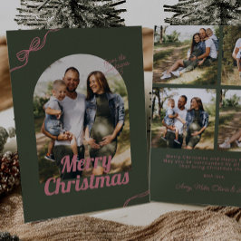 Tarjeta Festiva Navidades Retro Green & Pink Bow Arch