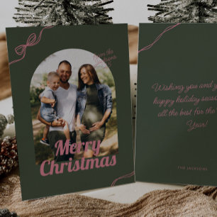 Tarjeta Festiva Navidades Retro Green & Pink Bow Arch