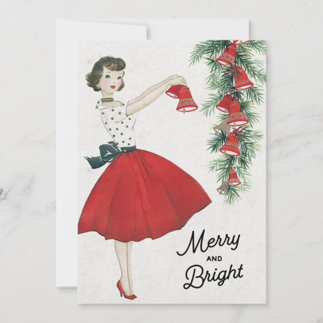 Tarjeta Festiva Navidades Retro Lady Colgando Belles (Anverso)