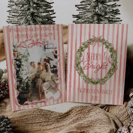 Tarjeta Festiva Navidades Retro Merry & Bright Strips Bow Wreath