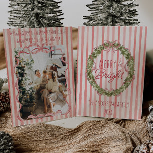 Tarjeta Festiva Navidades Retro Merry & Bright Strips Bow Wreath