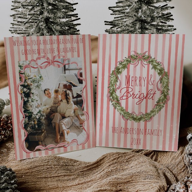 Tarjeta Festiva Navidades Retro Merry & Bright Strips Bow Wreath (Subido por el creador)