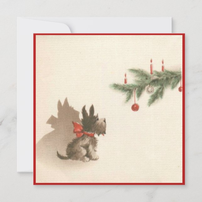 Tarjeta Festiva Navidades Retro Perro escocés bajo árbol de Navida (Anverso)