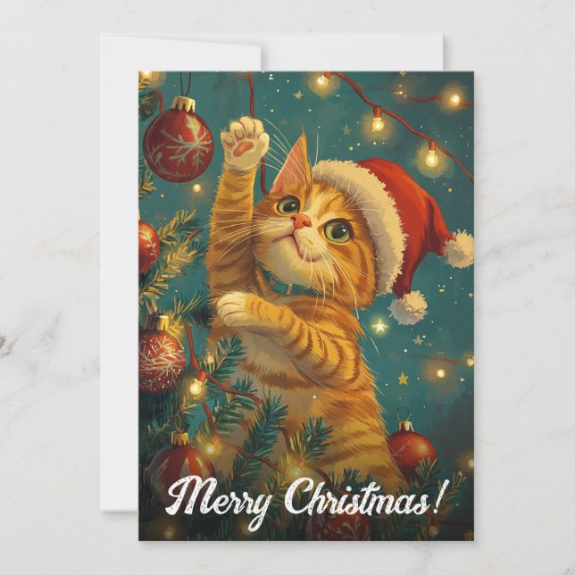 Tarjeta Festiva Navidades retro Personalizado de árbol de gatos (Anverso)