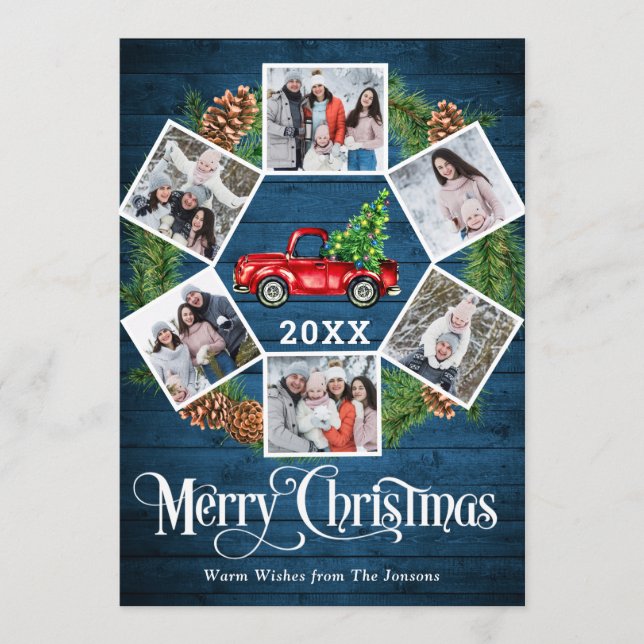 Tarjeta Festiva Navidades Retro Red Farm Truck Saludo 6 FOTO (Anverso)