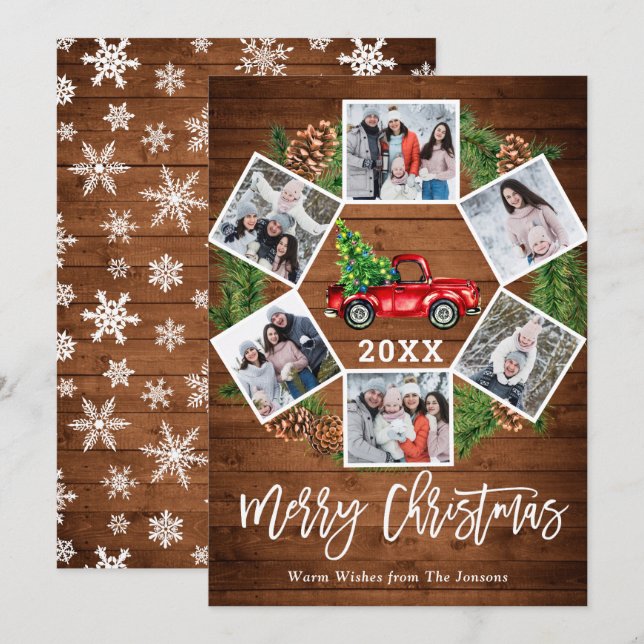 Tarjeta Festiva Navidades Retro Red Farm Truck Saludo 6 FOTO (Anverso / Reverso)