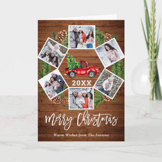 Tarjeta Festiva Navidades Retro Red Farm Truck Saludo 6 FOTO (Anverso)