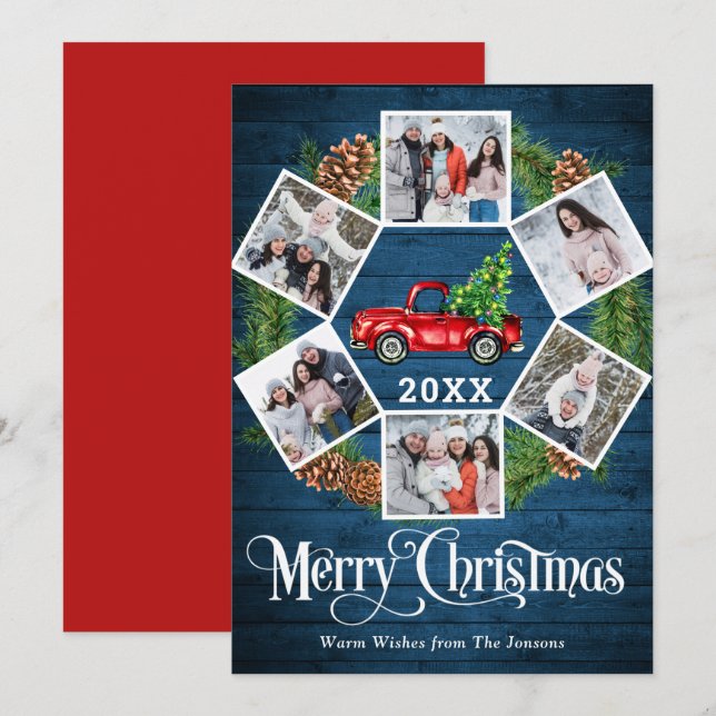Tarjeta Festiva Navidades Retro Red Farm Truck Saludo 6 FOTO (Anverso / Reverso)