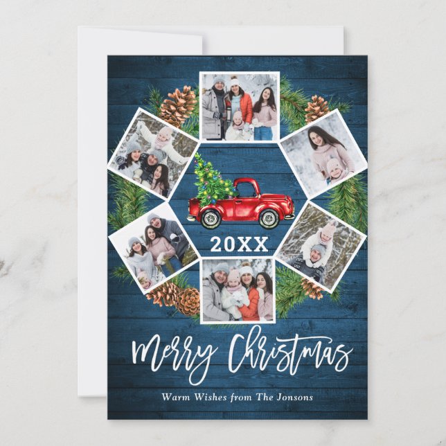 Tarjeta Festiva Navidades Retro Red Farm Truck Saludo 6 FOTO (Anverso)