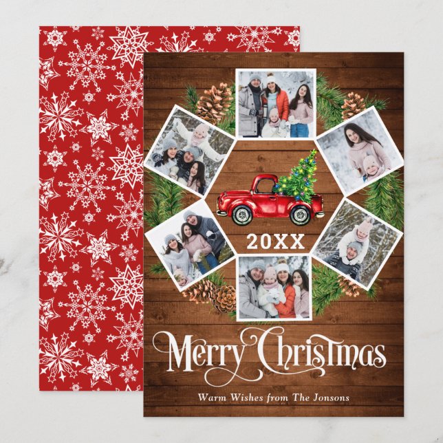 Tarjeta Festiva Navidades Retro Red Farm Truck Saludo 6 FOTO (Anverso / Reverso)