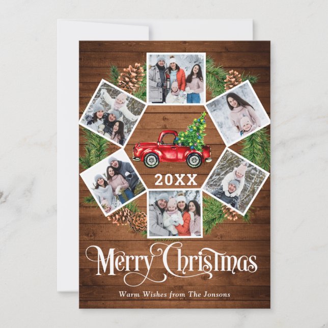 Tarjeta Festiva Navidades Retro Red Farm Truck Saludo 6 FOTO (Anverso)