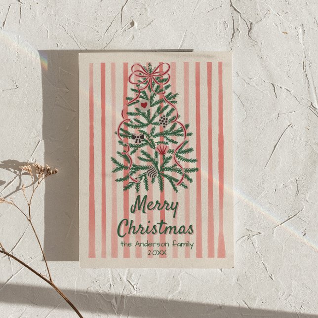 Tarjeta Festiva Navidades Retro Red Green Ribbons Tree no Photo (Subido por el creador)