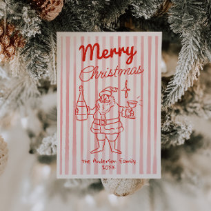 Tarjeta Festiva Navidades Retro Red Santa Champagne sin foto