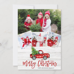 Tarjeta Festiva Navidades Retro Rojo Camión Rústico 4 Fotos Saludo