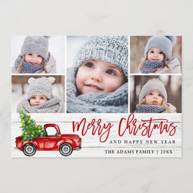 Tarjeta Festiva Navidades Retro Rojo Camión Rústico Saludo FOTOGRÁ (Anverso)