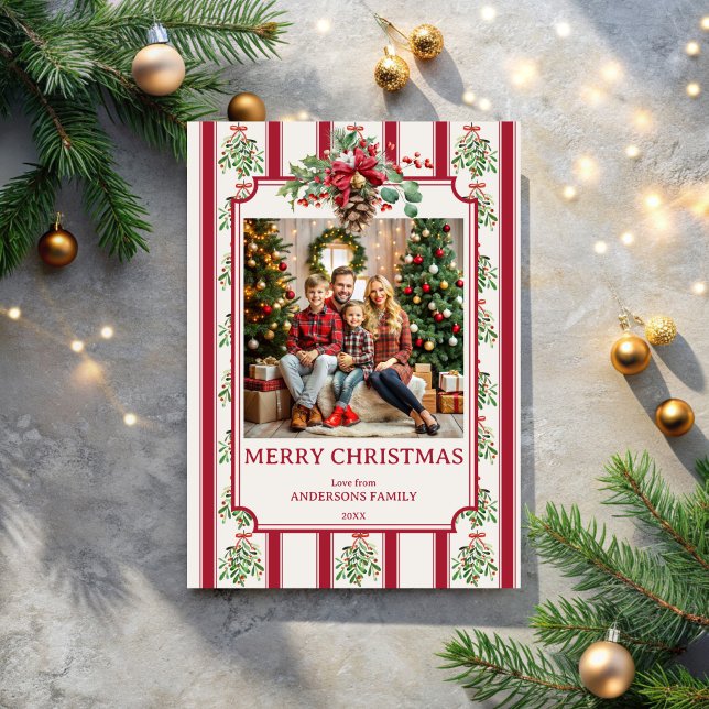 Tarjeta Festiva Navidades retro rojo rayas pino foto (Christmas red retro stripes pine bow photo holiday cards template one photo elegant cards)