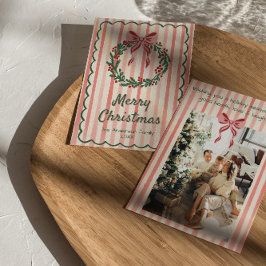Tarjeta Festiva Navidades Retro Rojo Rojo Dibujaron Wreath Bow