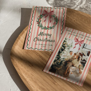 Tarjeta Festiva Navidades Retro Rojo Rojo Dibujaron Wreath Bow